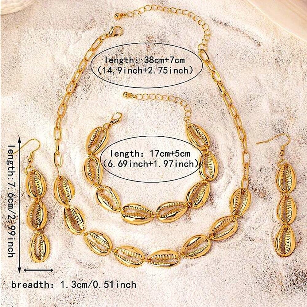 Gold Shell Necklace Bracelet Earrings Set, Gold Plated, Summer Vacation - Picture 5 of 5